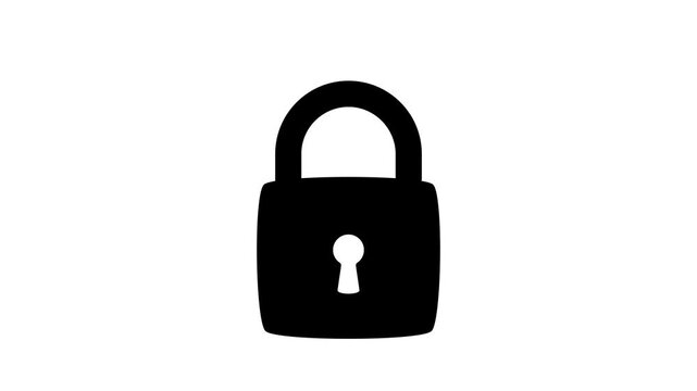 Animated black padlock open and close on white. Security protection, access control and privacy motion graphics