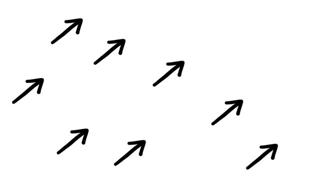 Animated black arrows fly to upper right corner with wave motion. Infinite loop of flying arrow pointers on white