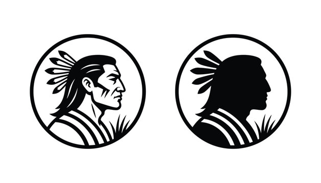 Native american chief profile in circular emblem style with feathers in black and white vector illustration