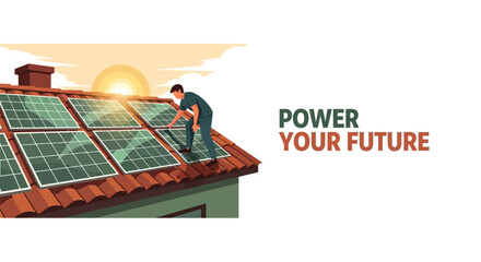 A technician installing solar panels on a residential rooftop during sunset. © Puput_Kinasih