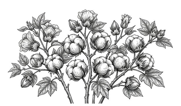 Vintage cotton floral engraving illustration vector isolated on white background