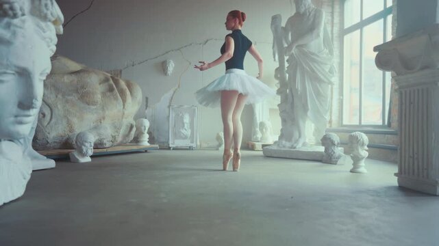 Visual aesthetics, beautiful ballerina dancing alone in light hall with statues. Female grace and beauty, express yourself by dance, enjoy classical music and choreography, slow motion in dance class