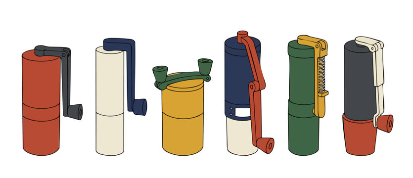 Manual Coffee Grinders Collection Set, Modern Handheld Mill Devices for Fresh Beans, Colorful Minimalist Isometric Illustrations on White Background for Barista Brewing Equipment Design and Kitchen To