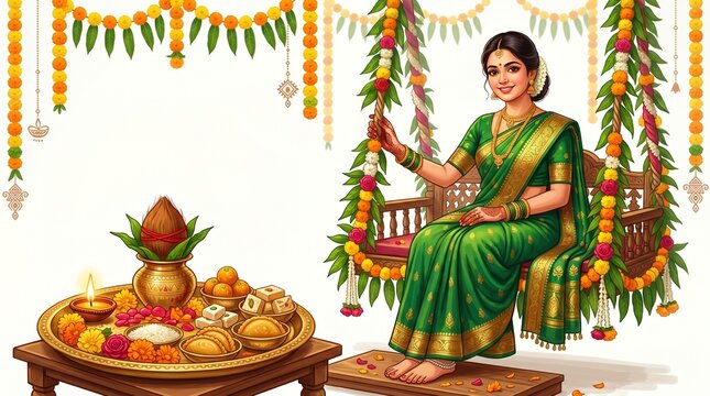Beautiful Indian Woman Celebrating Hariyali Teej Festival on Swing with Mehndi and Puja Items Isolated on White Background