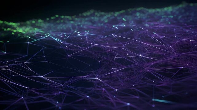 Abstract technology network creating a connected mesh of glowing lines and dots, symbolizing digital communication, artificial intelligence, and big data concepts on a dark background