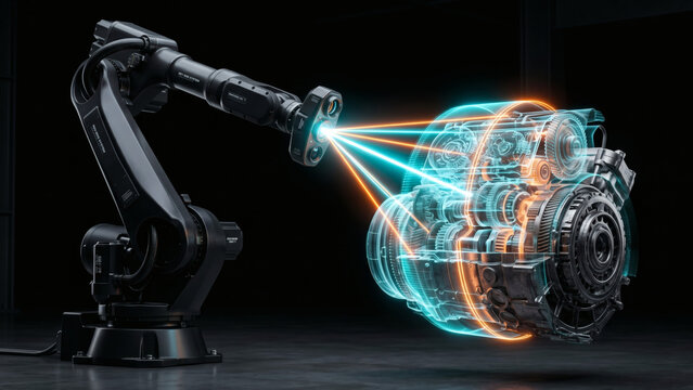 Futuristic industrial robotic arm scanning a mechanical artifact, revealing internal components as translucent glowing 3D hologram in cyan and orange, reverse engineering concept, 8K