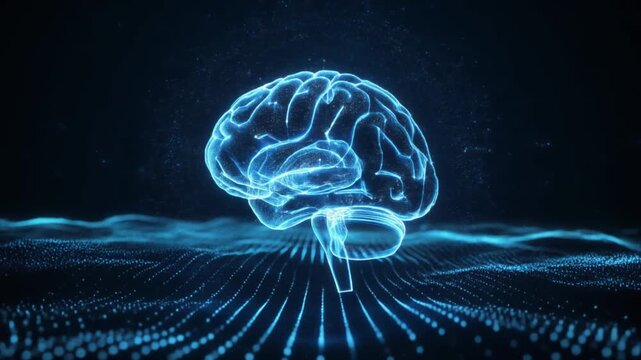 Futuristic technology showcases an artificial intelligence brain with neural network and data processing in a digital environment.