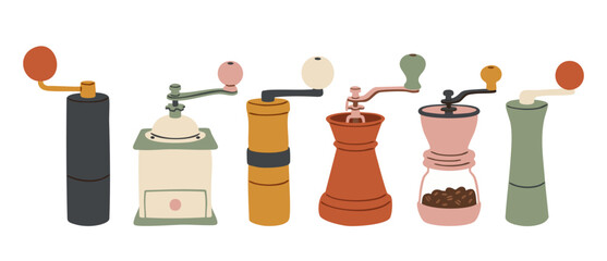 Coffee grinders set manual tools, collection of vintage and modern handheld mill equipment, isolated flat vector icons for cafe equipment, barista brewing lifestyle hobby design elements, pastel color © Dinali