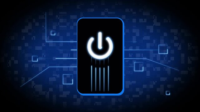 Power button icon on pixelated digital screen background. Electronic power button symbol for technology startup. Digital power button animation for system energy.