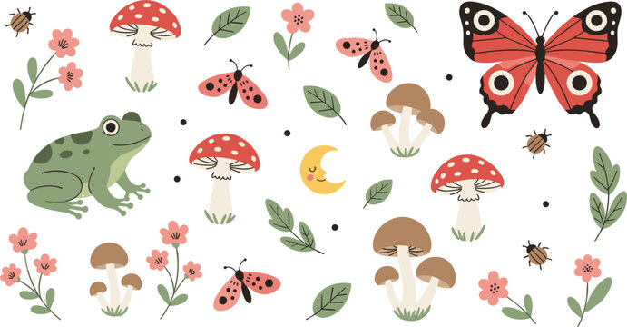 Large set of cute flat vector illustrations featuring woodland-themed icons like a frog, mushrooms, flowers, and a butterfly, isolated on a white background.