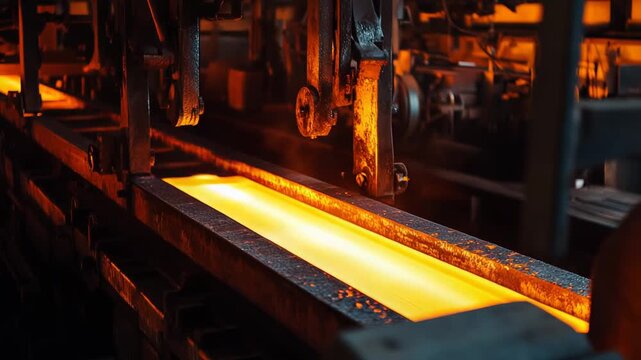 Hot metal moving along a roller conveyor inside a manufacturing facility, glowing intensely orange from extreme heat, symbolizing industrial processes and heavy industry