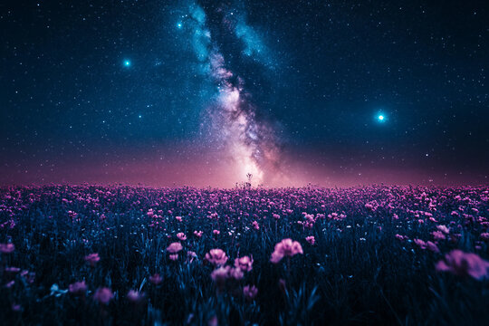 Generative AI illustration of magical forest filled with night blooming flowers like moonflower eveningprimrose and nightphlox glowing in moonlight