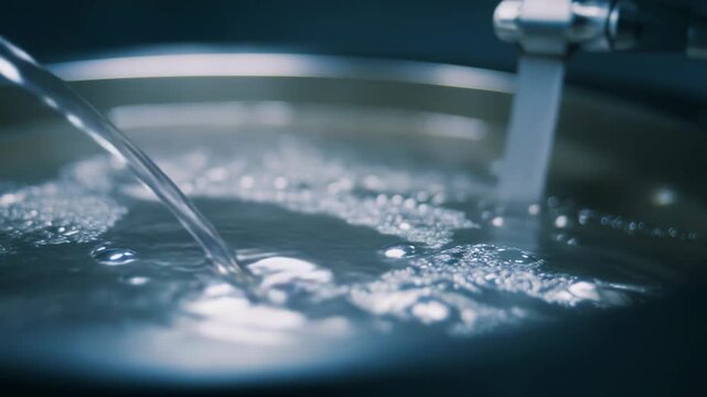 Water stream hitting a metal sink, creating bubbles and splashes that emphasize freshness, purity, hydration and clean domestic kitchen or healthcare environment, close up
