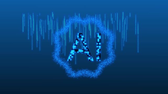 AI symbol with digital particles and light streaks. Artificial intelligence AI icon for futuristic technology. Digital AI text for machine learning concept.