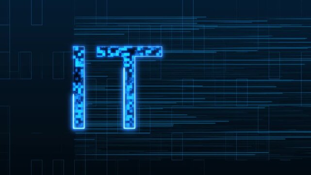 IT text icon on dark digital grid background. Information technology IT symbol for computer network. Digital IT logo for technical support and services.