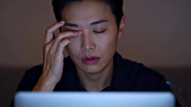 ?Tired man removing glasses while working late at night on computer screen