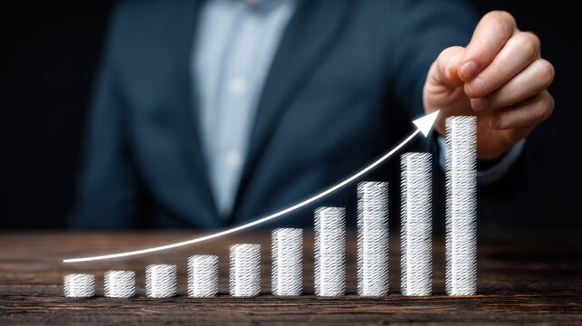 Business professional manipulates upward trending financial growth chart on wooden surface