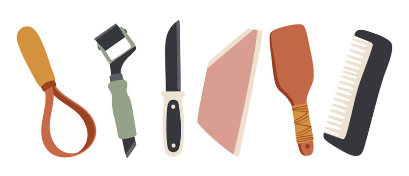 Leather Crafting Tools Set for Handworking and DIY Projects, Flat Vector Illustration of Professional Leatherworking Equipment Including Skiving Knives, Burnisher, and Smoothing Slicker on White Backg