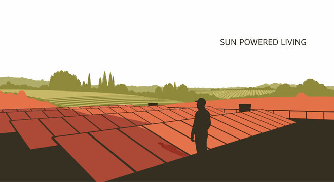 A solitary figure standing on a roof covered with solar panels.