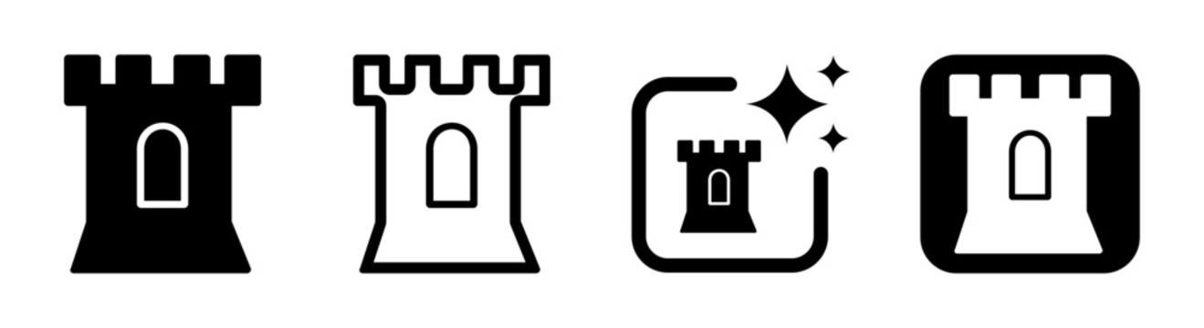 Castle tower icon in black isolated transparent PNG vector illustration for medieval architecture and fantasy design