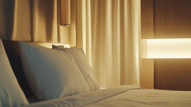 Clean white bed with plush pillows and a soft duvet in a modern hotel room, offering a luxurious, tranquil retreat for restful sleep and cozy relaxation