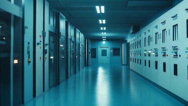 Modern data center corridor featuring rows of server racks, control panels, and a sleek, futuristic design, symbolizing cutting edge information technology and network infrastructure
