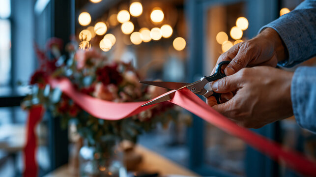 A faceless pair of hands using scissors to cut a red ceremonial ribbon stretched across a doorway in a bright modern office interior fresh flowers visible on a table just beyond