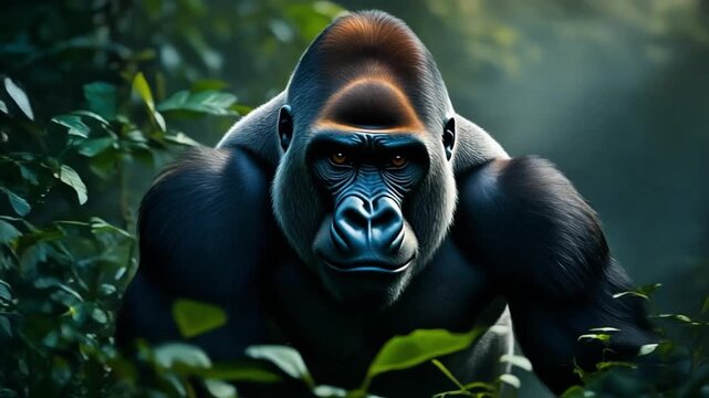Majestic Silverback Gorilla in Lush Tropical Rainforest Wild