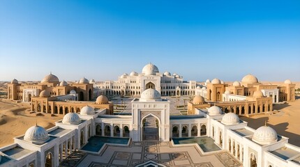 Fototapeta premium Panoramic View of Empty Desert Palace Complex in Gulf Region under Blue Sky