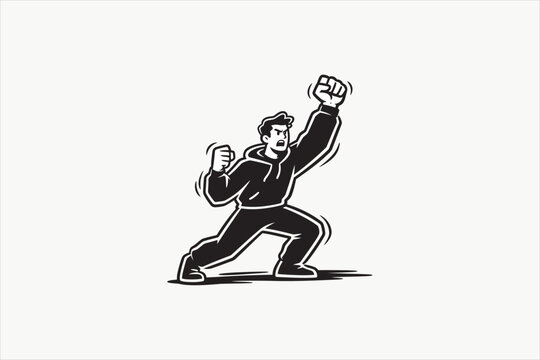 Energetic man raising fists in victory pose vector illustration, motivational character isolated on clean background for success, power, and determination themes. Vector illustration.