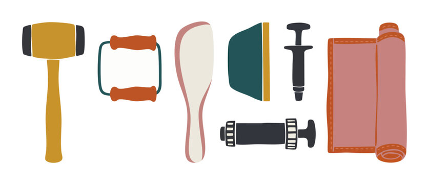 Leather Crafting Tools Set, Manual Artisanal Leatherwork Equipment for Hobbyists and Professional Leather Goods Makers, Flat Vector Design Illustration Isolated on White Background for Manual Projects