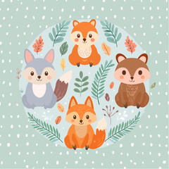 Fototapeta premium Niedliche Waldtiere Set im Cartoonstil für Kinderdesigns