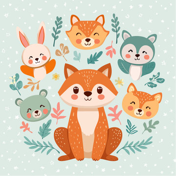Niedliche Waldtiere Set im Cartoonstil f&uuml;r Kinderdesigns