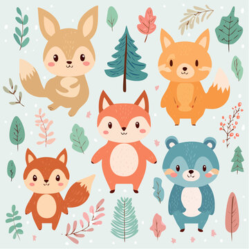 Niedliche Waldtiere Set im Cartoonstil f&uuml;r Kinderdesigns