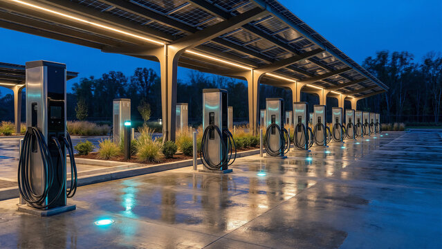 Modern electric vehicle charging station hub with multiple chargers under solar panel canopy at twilight blue hour on wet concrete surface symbolizing sustainable transportation renewable energy infra