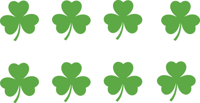 Set of eight identical green flat vector shamrock or three-leaf clover illustrations, isolated on a white background.