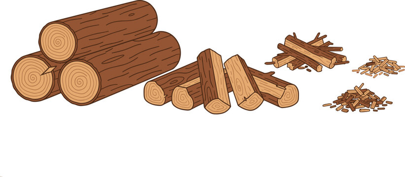 Set of flat vector illustrations featuring wood in various forms, including logs, split firewood, kindling, and wood chips, isolated on a white background.