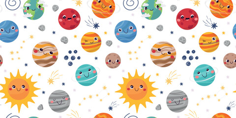 Widescreen seamless pattern with cute planets of the solar system. Perfect for children's textiles, bedding, wallpaper, wrapping paper, and other kids decor. © nafanya241