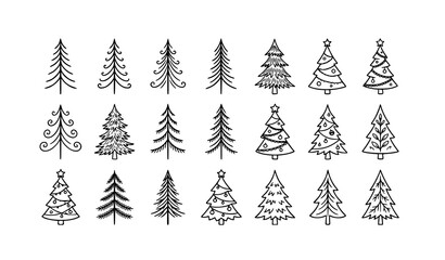 Obraz premium Hand drawn pine and fir tree icon collection black and white vector