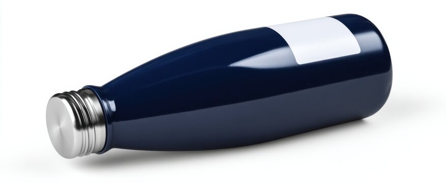 Sleek stainless steel water bottle in shiny navy blue and white with a twist cap.
