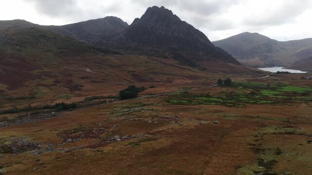Dramatic aerial view of tryfan mountain in snowdonia national park