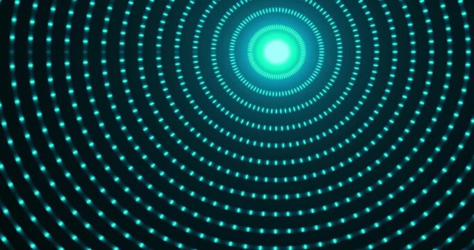 Abstract circular tunnel of glowing digital lights shifting through vibrant color spectrums.
