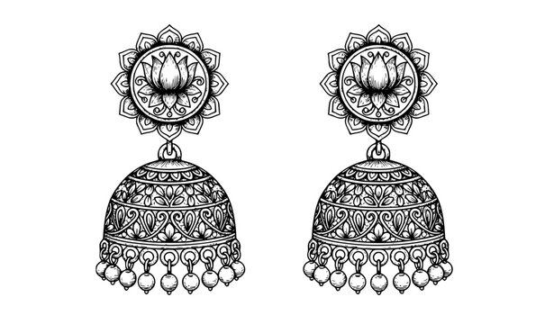 Traditional Indian jhumka earrings detailed line art vector illustration