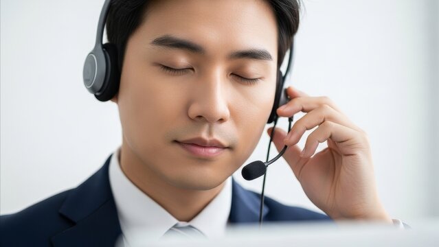 Business - Asian Male Call Center Agent Listening Attentively with Eyes Closed Wearing Professional Headset
