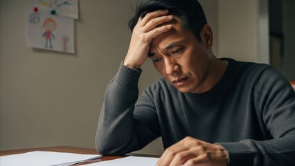 Fototapeta premium Stress - Worried Asian Man Sitting at Desk Holding Head in Hands Reading Stressful Documents at Home