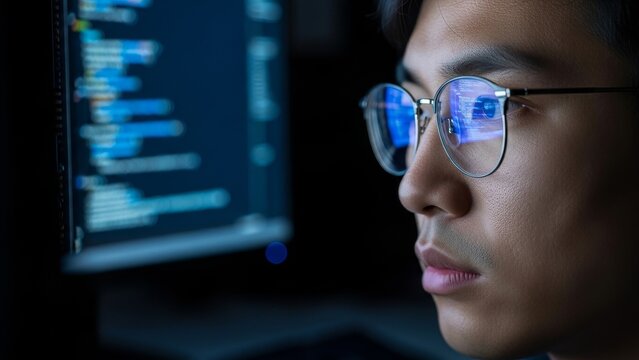 Technology - Young Asian Male Programmer Intensely Focused on Code Reflected in Round Glasses at Night