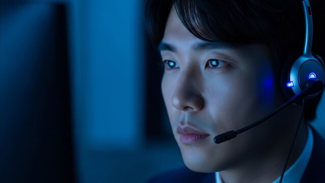 Technology - Young Asian Man Wearing Gaming Headset with Blue Glowing Eyes Looking at Screen in Dark Room