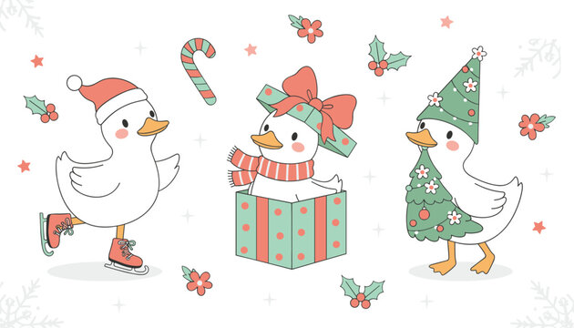 Set of three festive flat vector illustrations of cute white ducks in Christmas-themed poses, including skating and wearing holiday costumes, isolated on a white background.