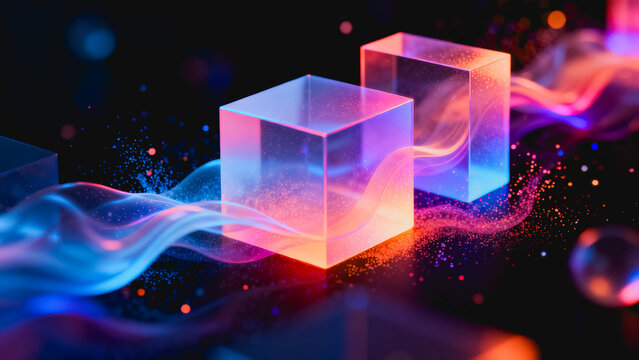 3D rendered scene featuring translucent glowing glass cubes, surrounded by neon light waves and bokeh particles on a dark background.