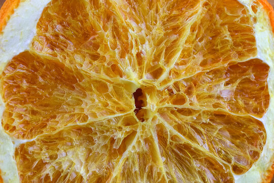 The surface of a dehydrated slice of orange